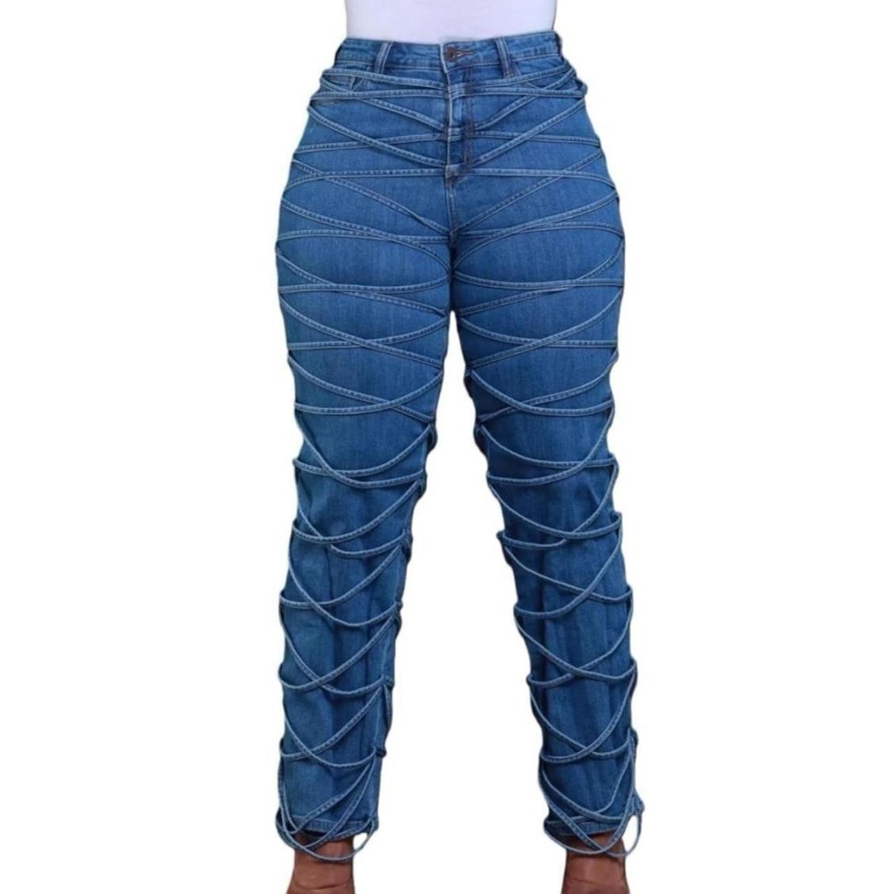 Women's Trendy High Waist Bodycon All Tied Up Denim Jeans